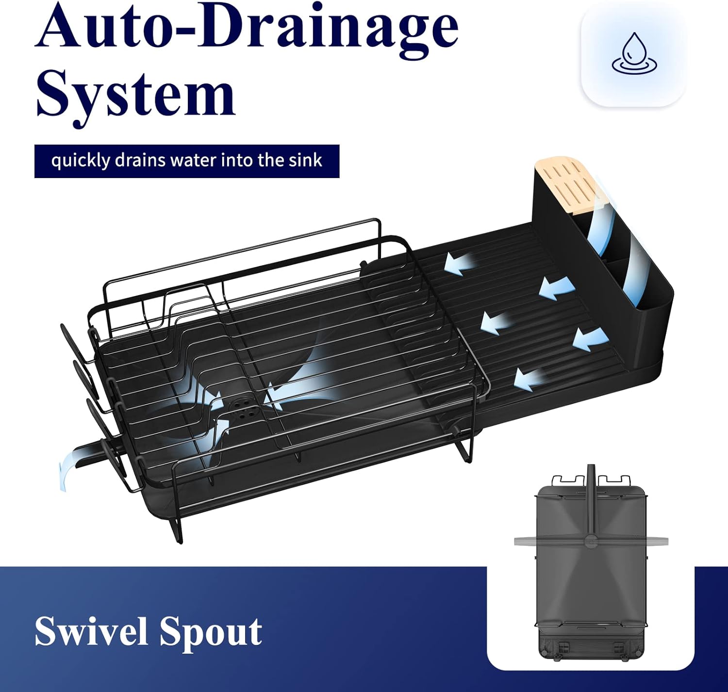 Kitsure Large Dish Drying Rack - Extendable Dish Rack, Multifunctional Dish Rack for Kitchen Counter, Anti-Rust Drying Dish Rack with Cutlery & Cup Holders 27" L x 12.9" W, Black - Image 3