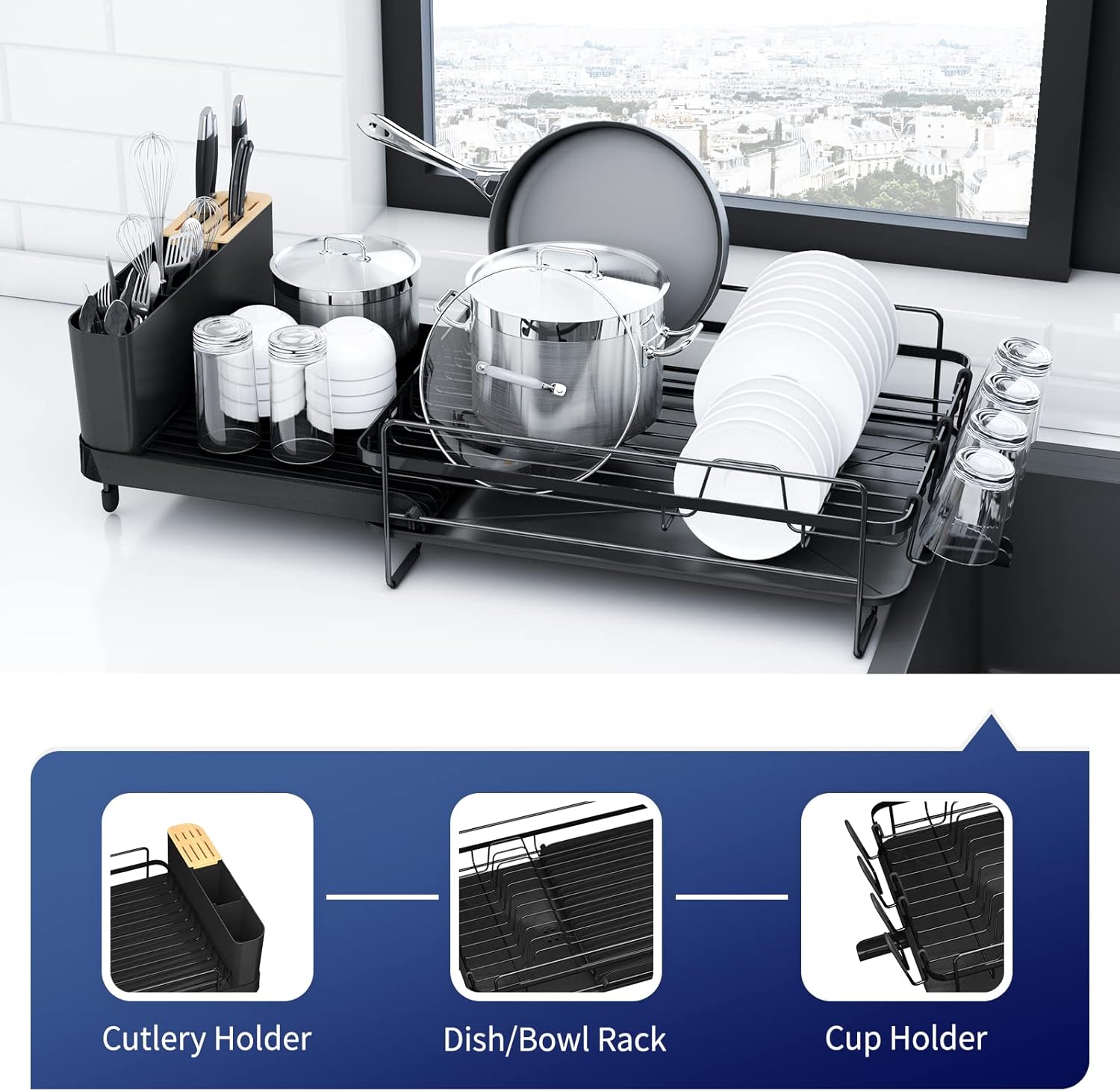 Kitsure Large Dish Drying Rack - Extendable Dish Rack, Multifunctional Dish Rack for Kitchen Counter, Anti-Rust Drying Dish Rack with Cutlery & Cup Holders 27" L x 12.9" W, Black - Image 6