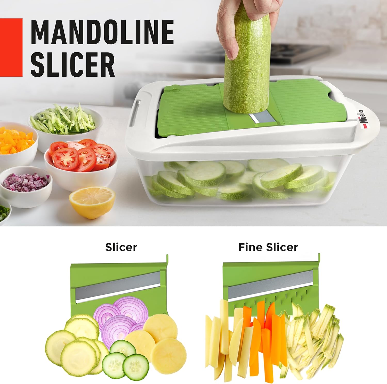 Mueller Pro-Series 10-in-1, 8 Blade Vegetable Chopper, Onion Mincer, Cutter, Dicer, Egg Slicer with Container, French Fry Cutter Potato Slicer, Home Essentials, Salad Chopper White Sand/Green - Image 5